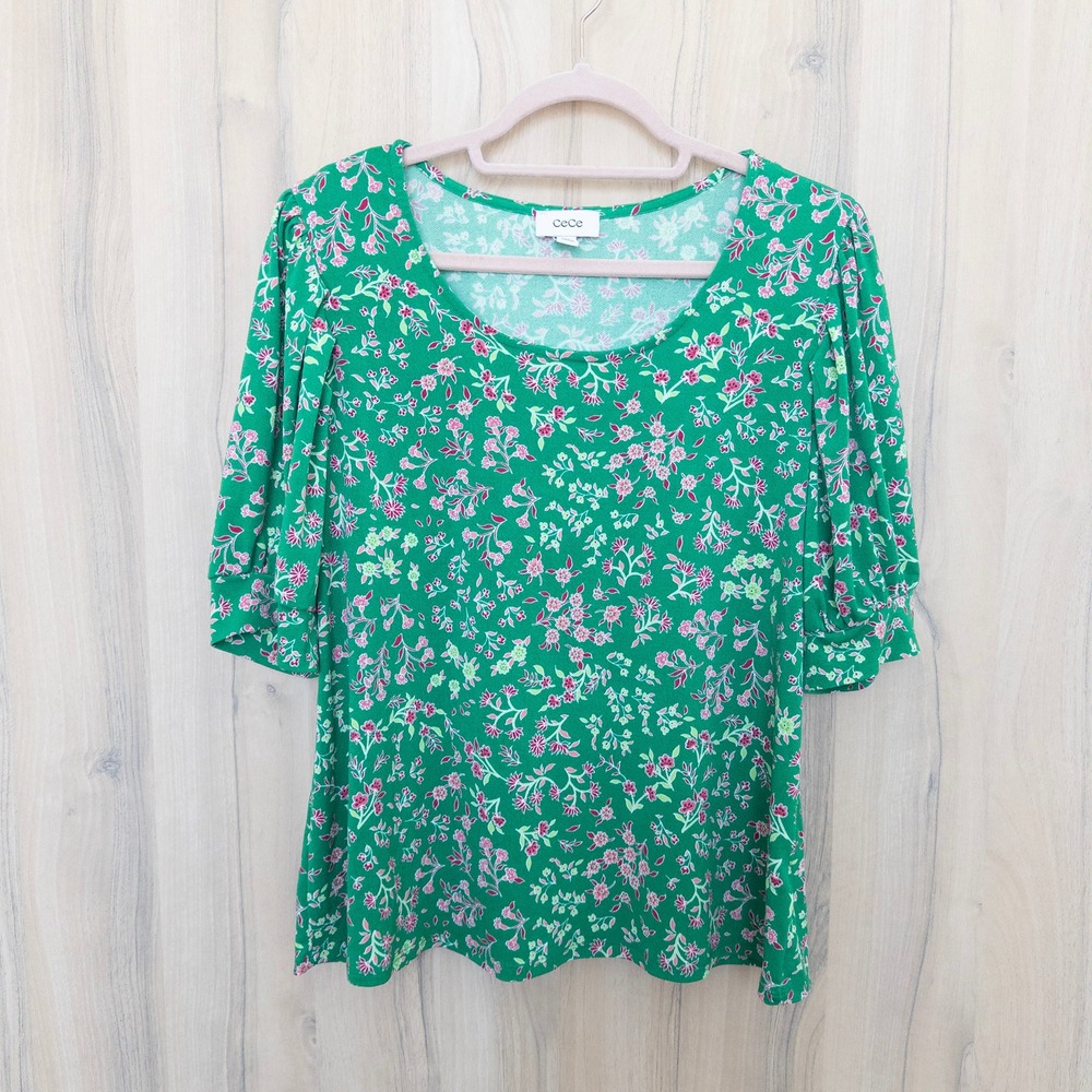 CeCe Womens Floral Top L Green Puff Sleeve Scoop Neck Cottage Boho Romantic